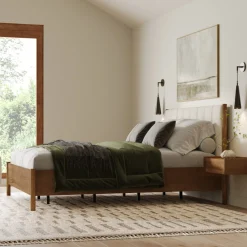 Mid-Century Upholstered Bed Frame with Boucle Headboard Light Brown | Size Queen