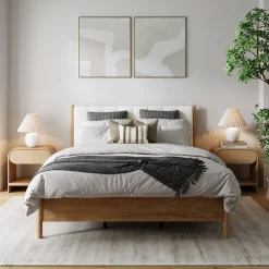 Mid-Century Upholstered Bed Frame with Boucle Headboard Light Brown | Size Queen