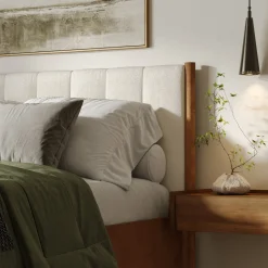 Mid-Century Upholstered Bed Frame with Boucle Headboard Light Brown | Size Queen