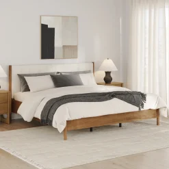 Mid-Century Upholstered Bed Frame with Boucle Headboard Light Brown | Size King