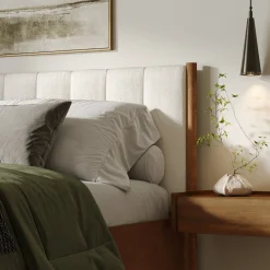 Mid-Century Upholstered Bed Frame with Boucle Headboard Light Brown | Size King