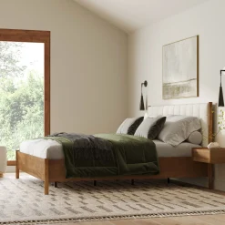 Mid-Century Upholstered Bed Frame with Boucle Headboard Light Brown | Size King