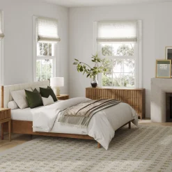Mid-Century Upholstered Bed Frame with Boucle Headboard Light Brown | Size King