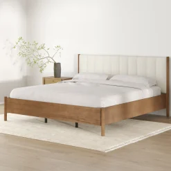 Mid-Century Upholstered Bed Frame with Boucle Headboard Light Brown | Size King
