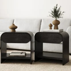 Mid-Century Wood Arched Nightstand Black Oak (Set of 2)