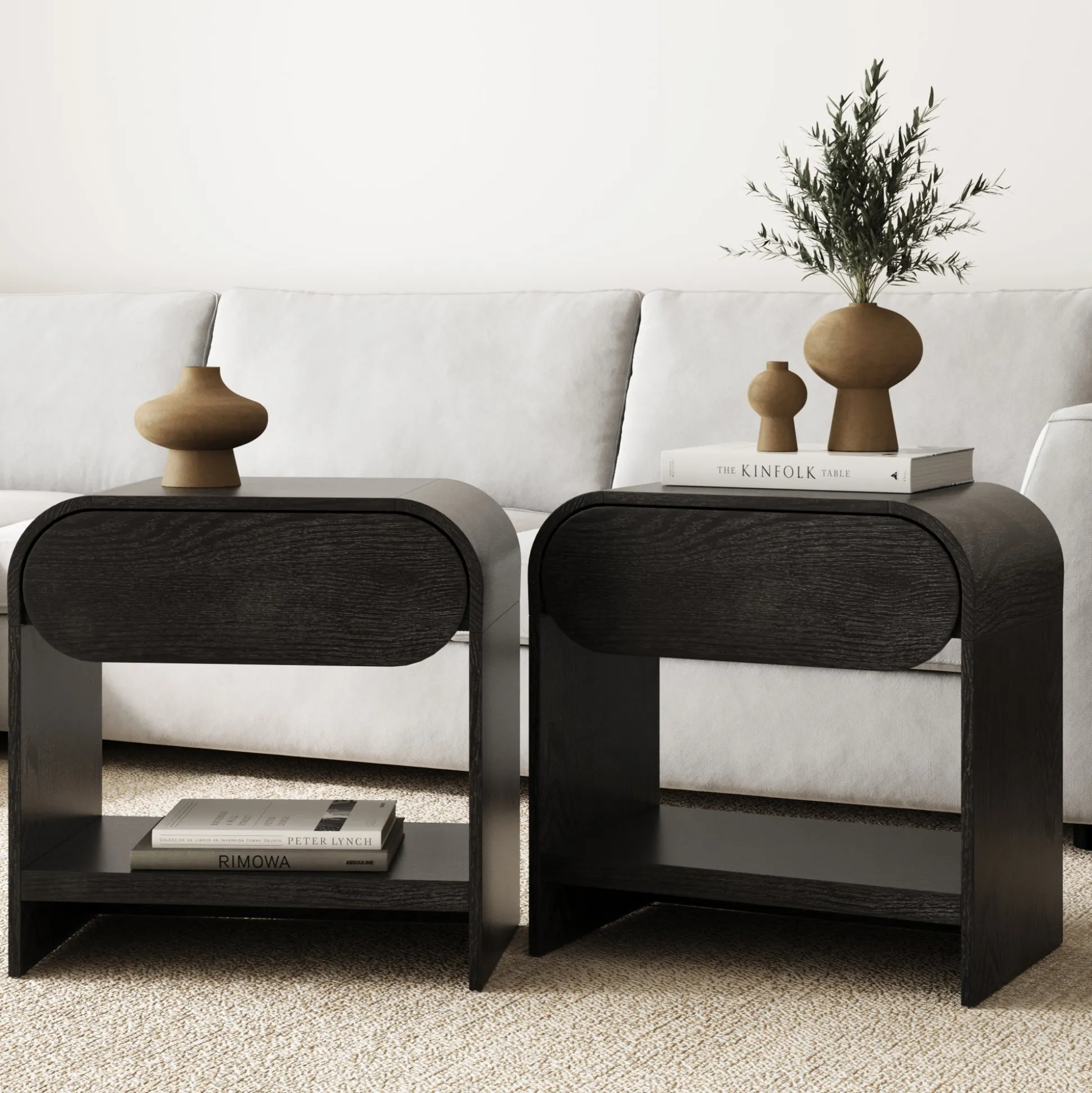 Mid-Century Wood Arched Nightstand Black Oak (Set of 2)