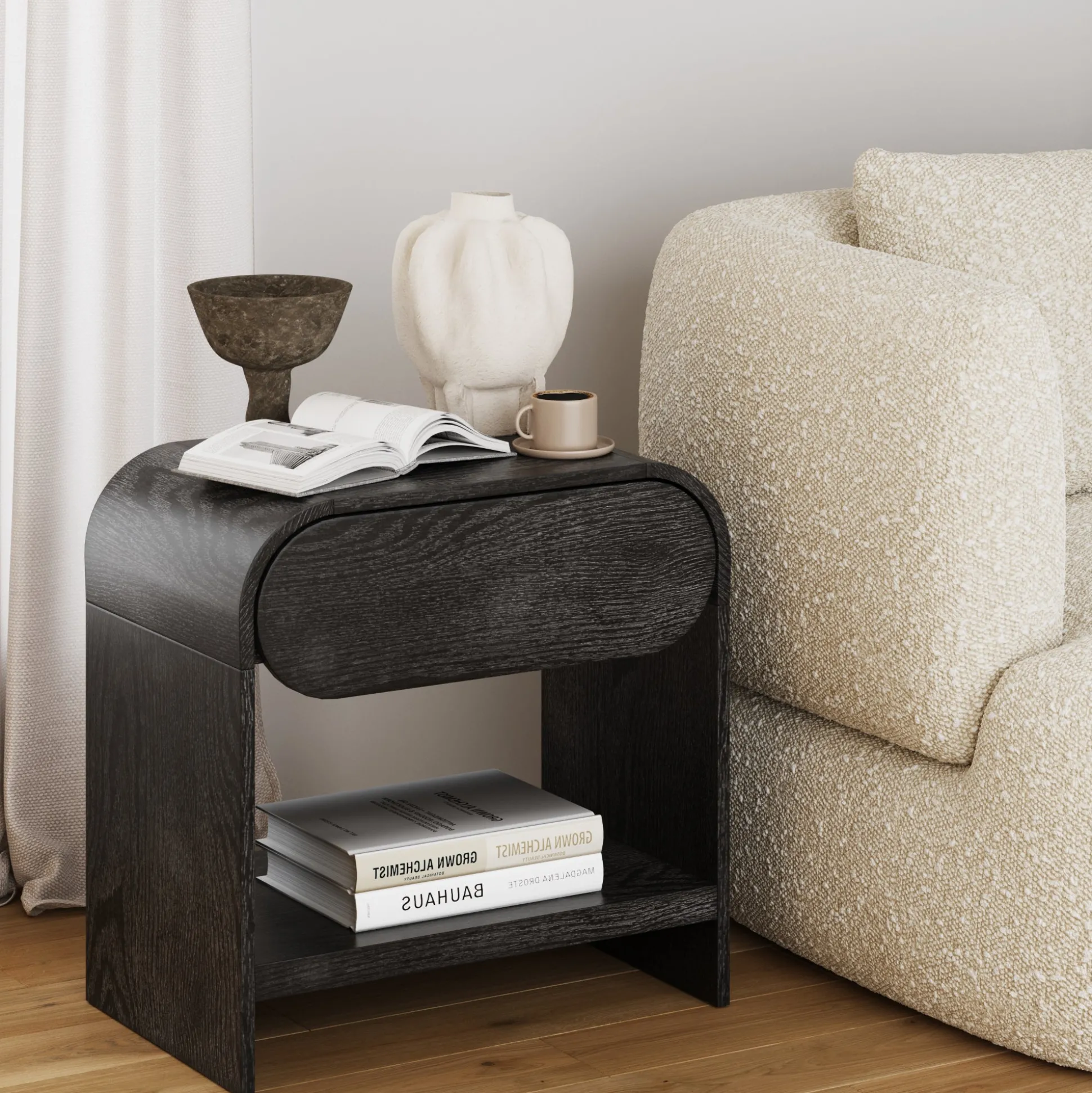 Mid-Century Wood Arched Nightstand Black Oak (Set of 2)