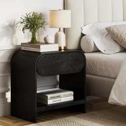 Mid-Century Wood Arched Nightstand Black Oak