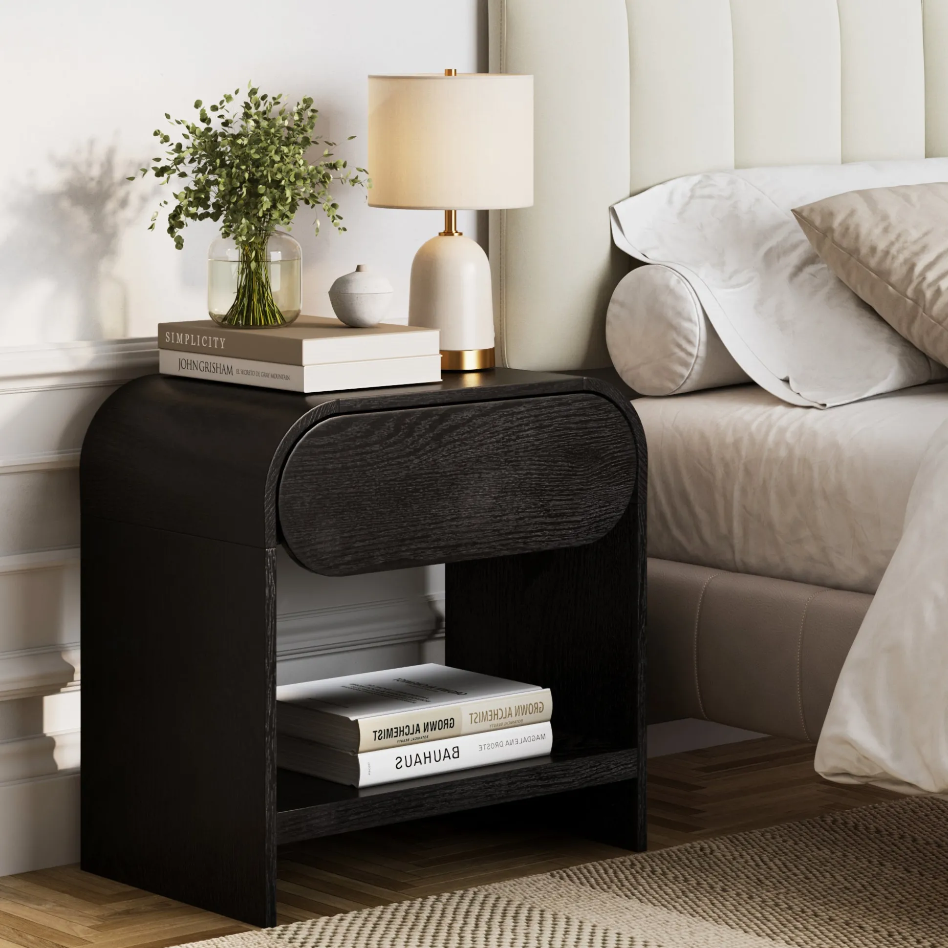 Mid-Century Wood Arched Nightstand Black Oak