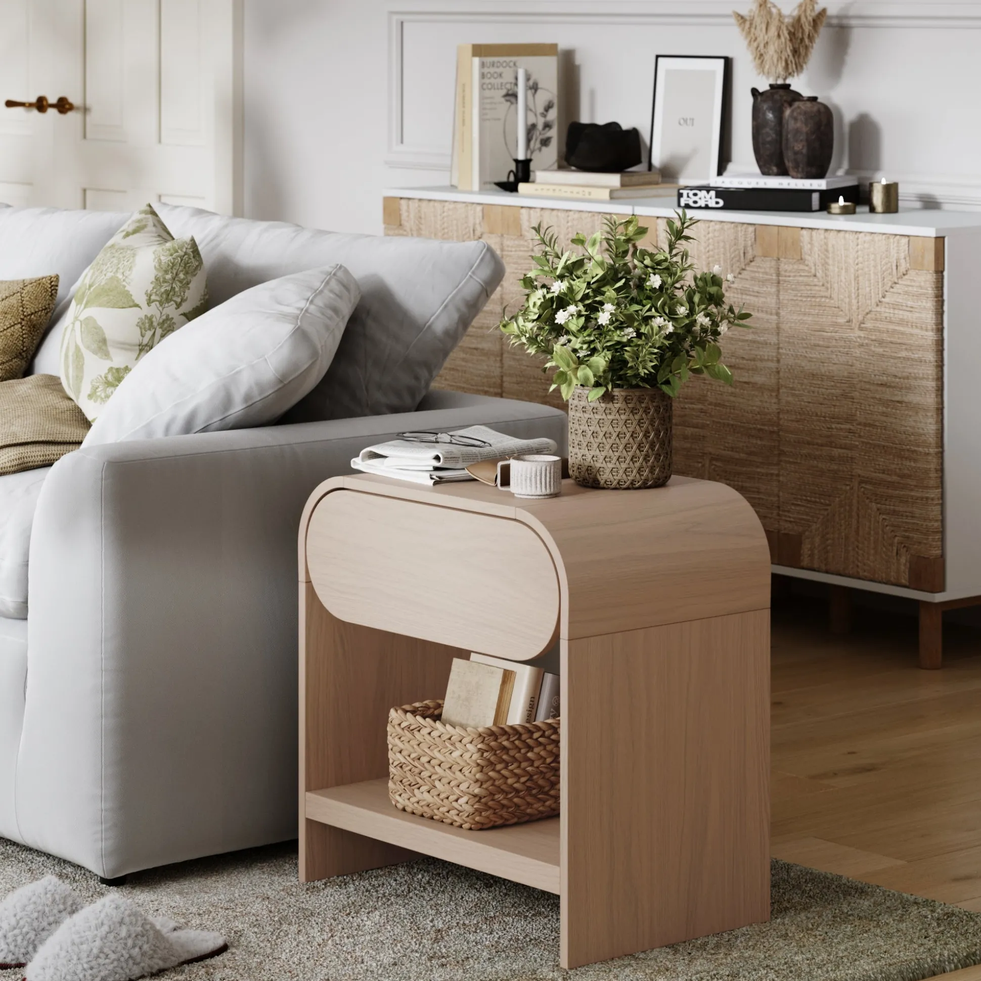 Mid-Century Wood Arched Nightstand Pale Oak