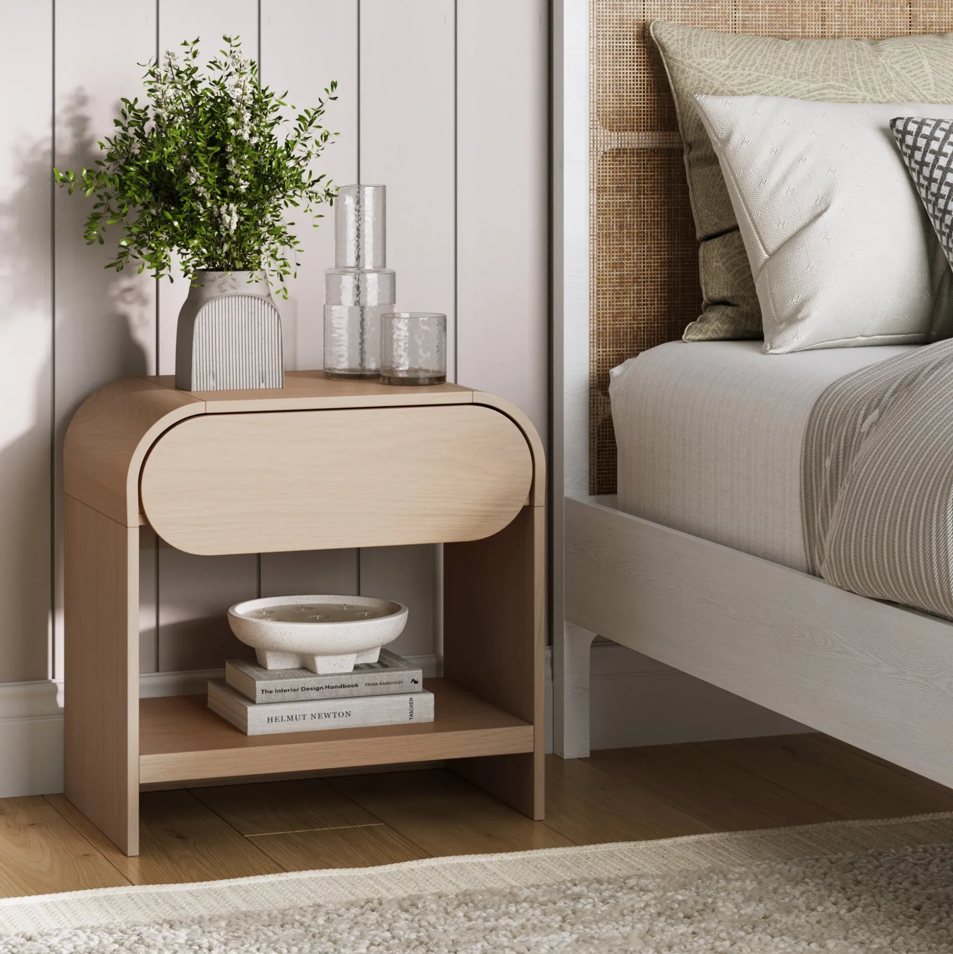 Mid-Century Wood Arched Nightstand Pale Oak