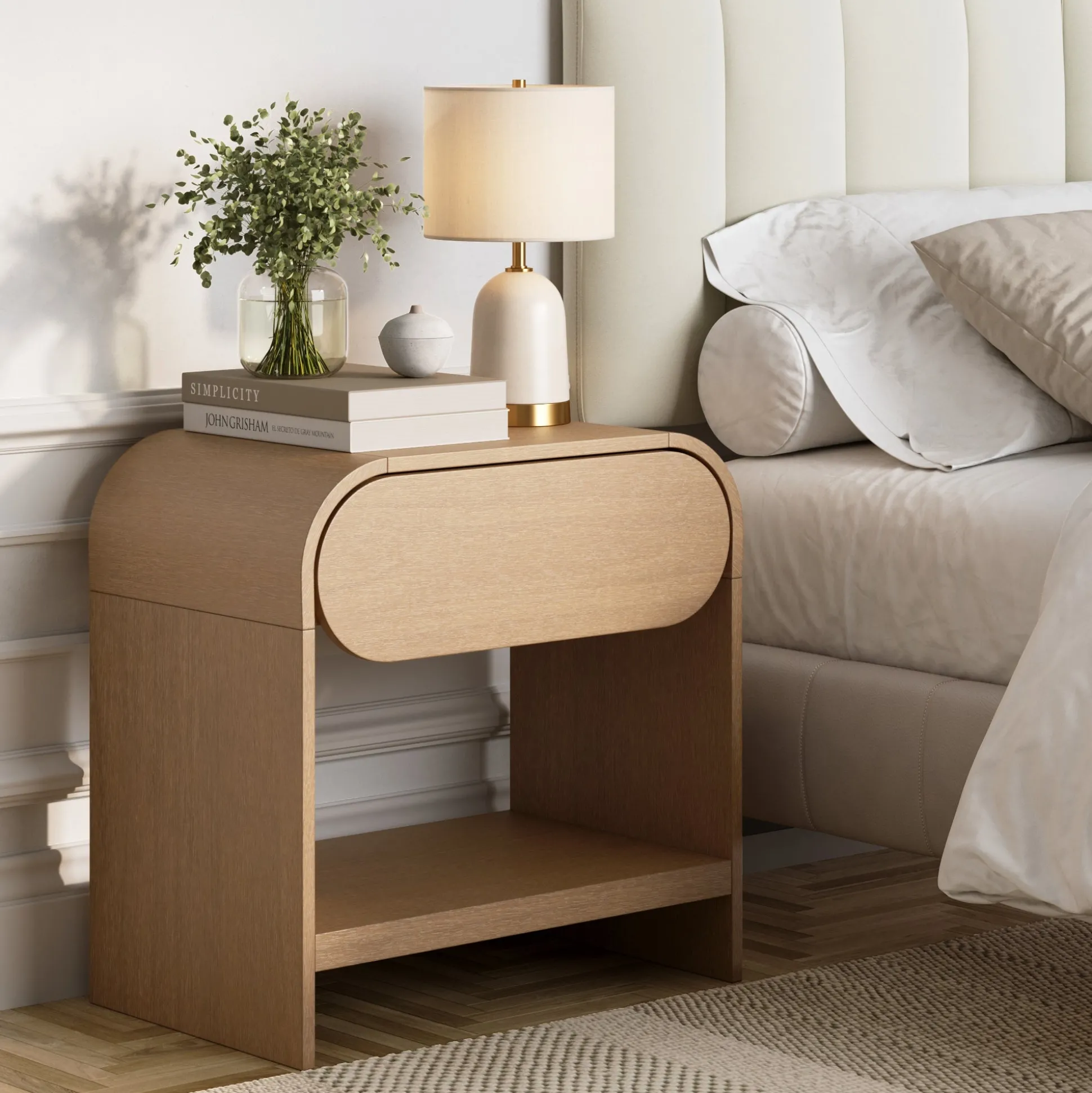 Mid-Century Wood Arched Nightstand Warm Oak