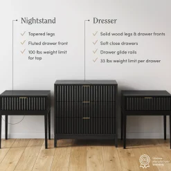 Mid-Century Wooden Fluted Dresser & Nightstand Set Black Oak
