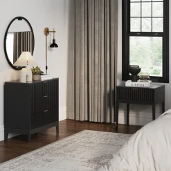Mid-Century Wooden Fluted Dresser & Nightstand Set Black Oak