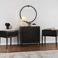 Mid-Century Wooden Fluted Dresser & Nightstand Set Black Oak