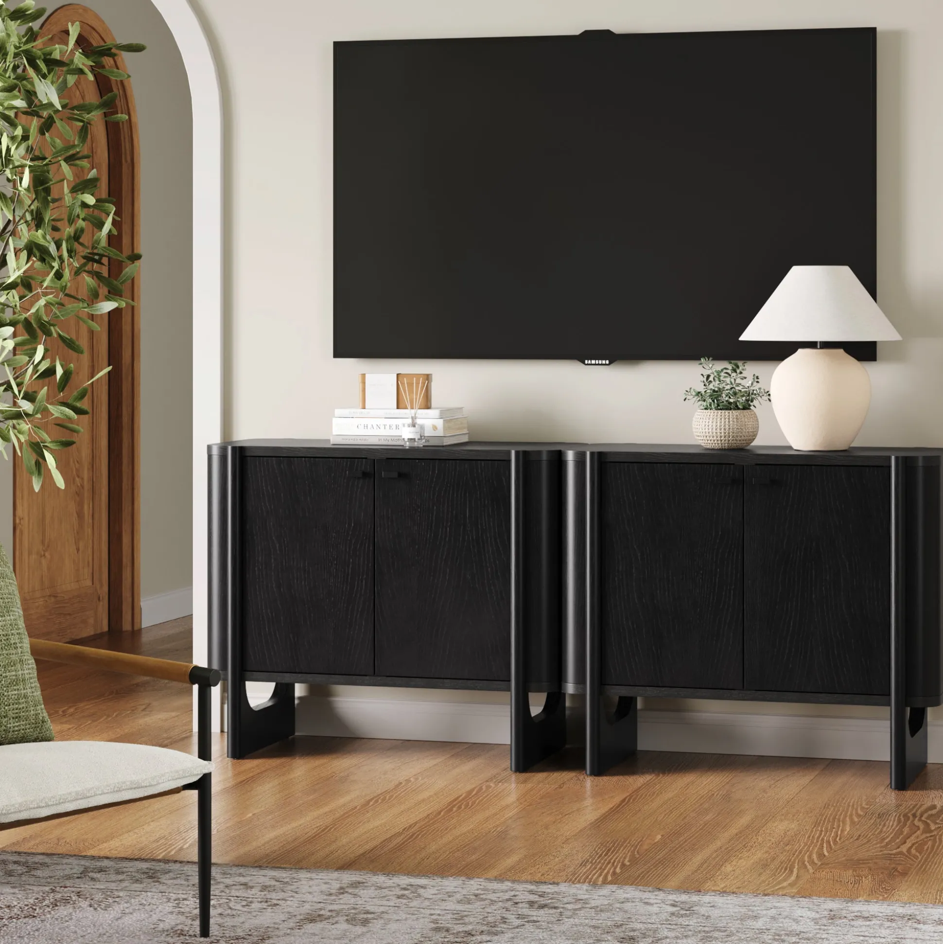 Mid-Century Wood TV Console Black for TVs up to 65"