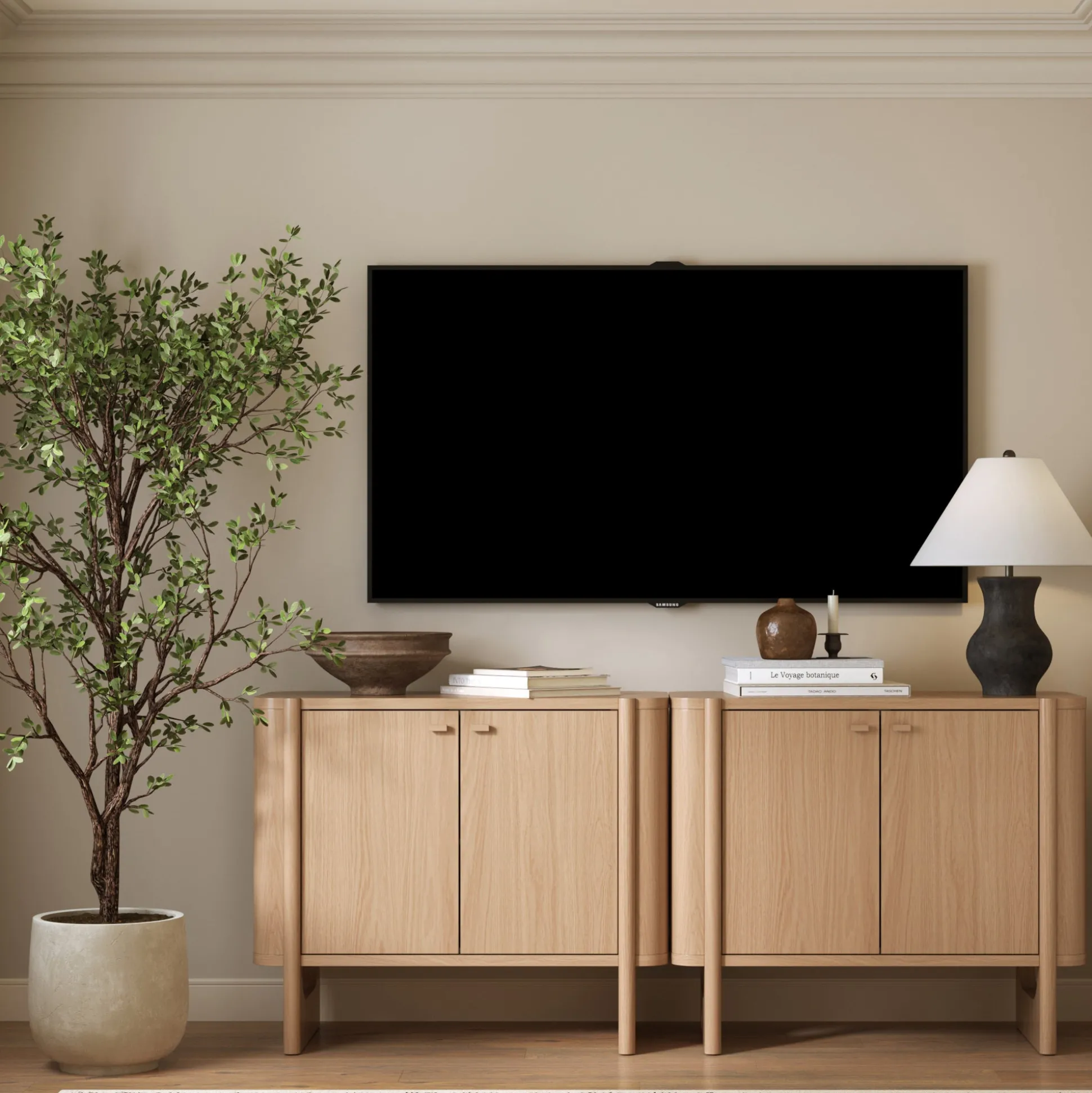 Mid-Century Wood TV Console Raw Oak for TVs up to 65"