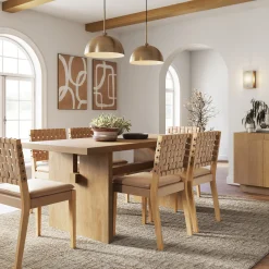 Mid-Century Woven Dining Set Light Brown (6 Chairs)