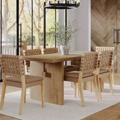 Mid-Century Woven Dining Set Light Brown (6 Chairs)