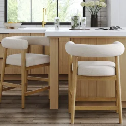 Modern Barrel Bar Stool with Curved Back Flax/Light Brown (Set of 2)