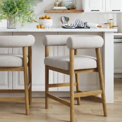 Modern Barrel Bar Stool with Curved Back Flax/Light Brown