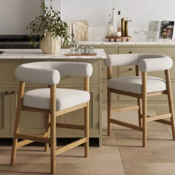 Modern Barrel Bar Stool with Curved Back Flax/Light Brown