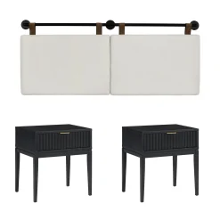Modern Boucle King Headboard and Fluted Nightstand Set