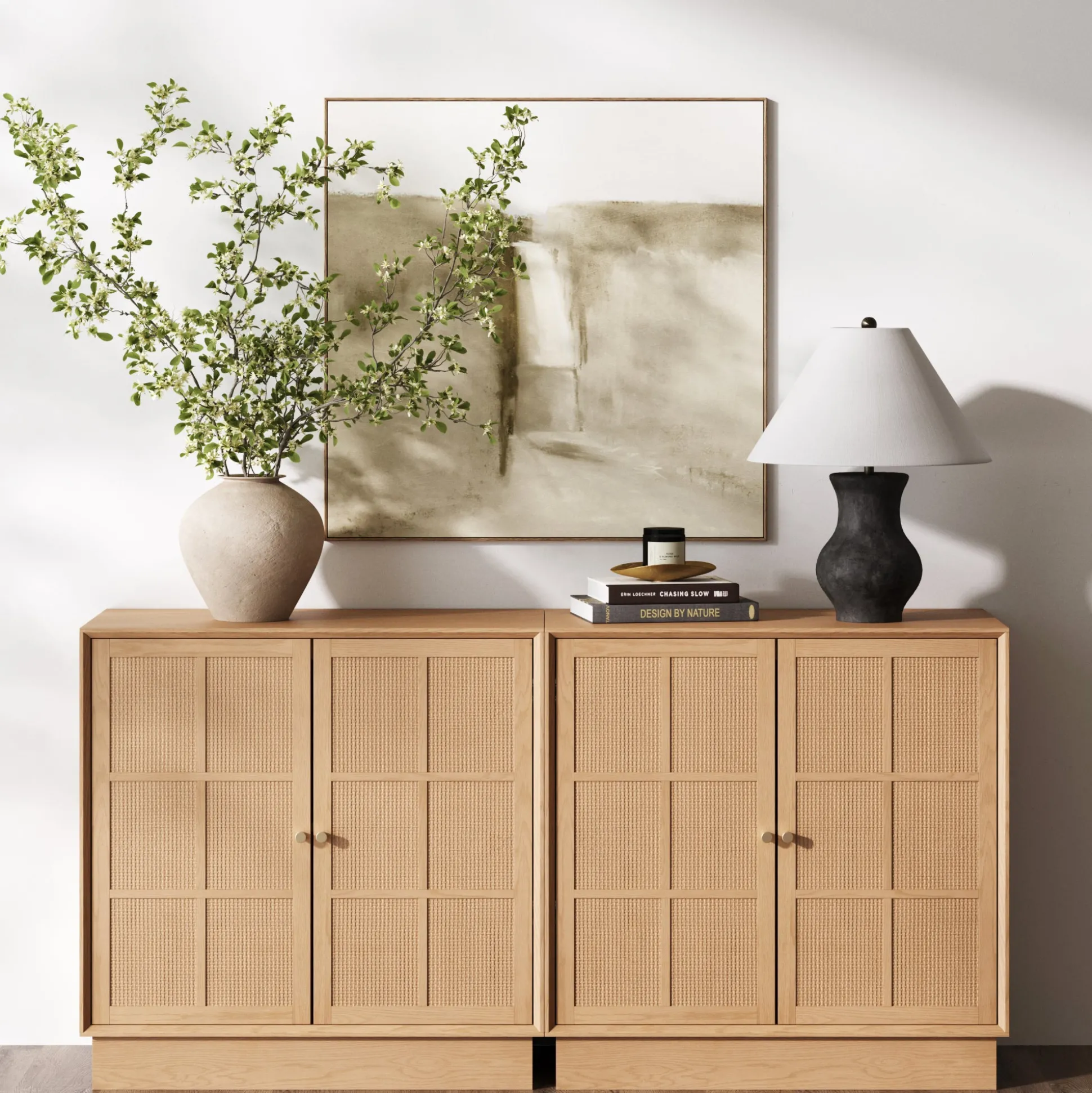 Modern Coastal Rattan Wood Sideboard Storage Cabinet Raw Oak (Set of 2)