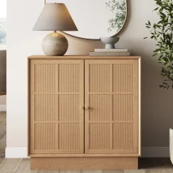 Modern Coastal Rattan Wood Sideboard Storage Cabinet Raw Oak