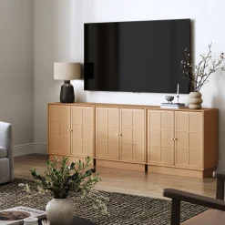 Modern Coastal Rattan Wood Sideboard Storage Cabinet Raw Oak (Set of 3)