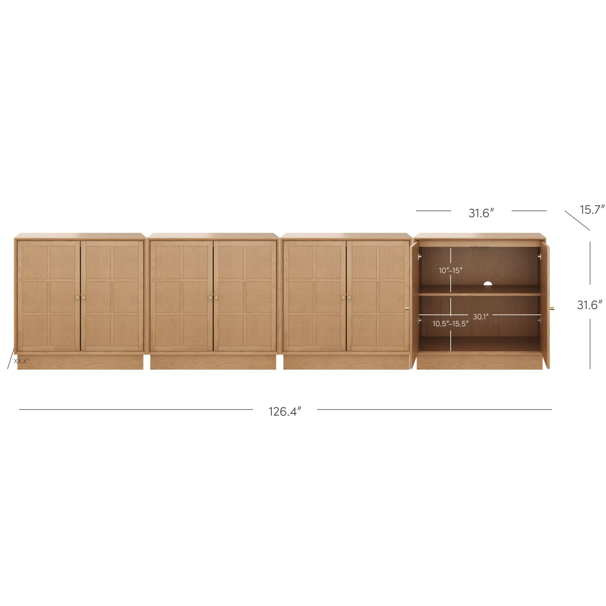 Modern Coastal Raw Oak TV Cabinet Stand for TVs up to 100" with Rattan Doors