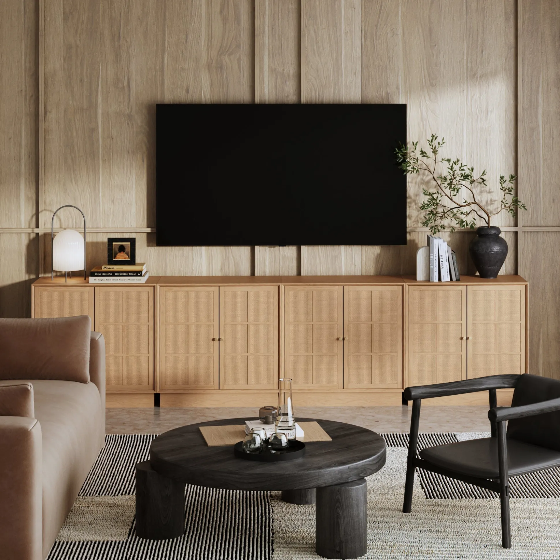 Modern Coastal Raw Oak TV Cabinet Stand for TVs up to 100" with Rattan Doors