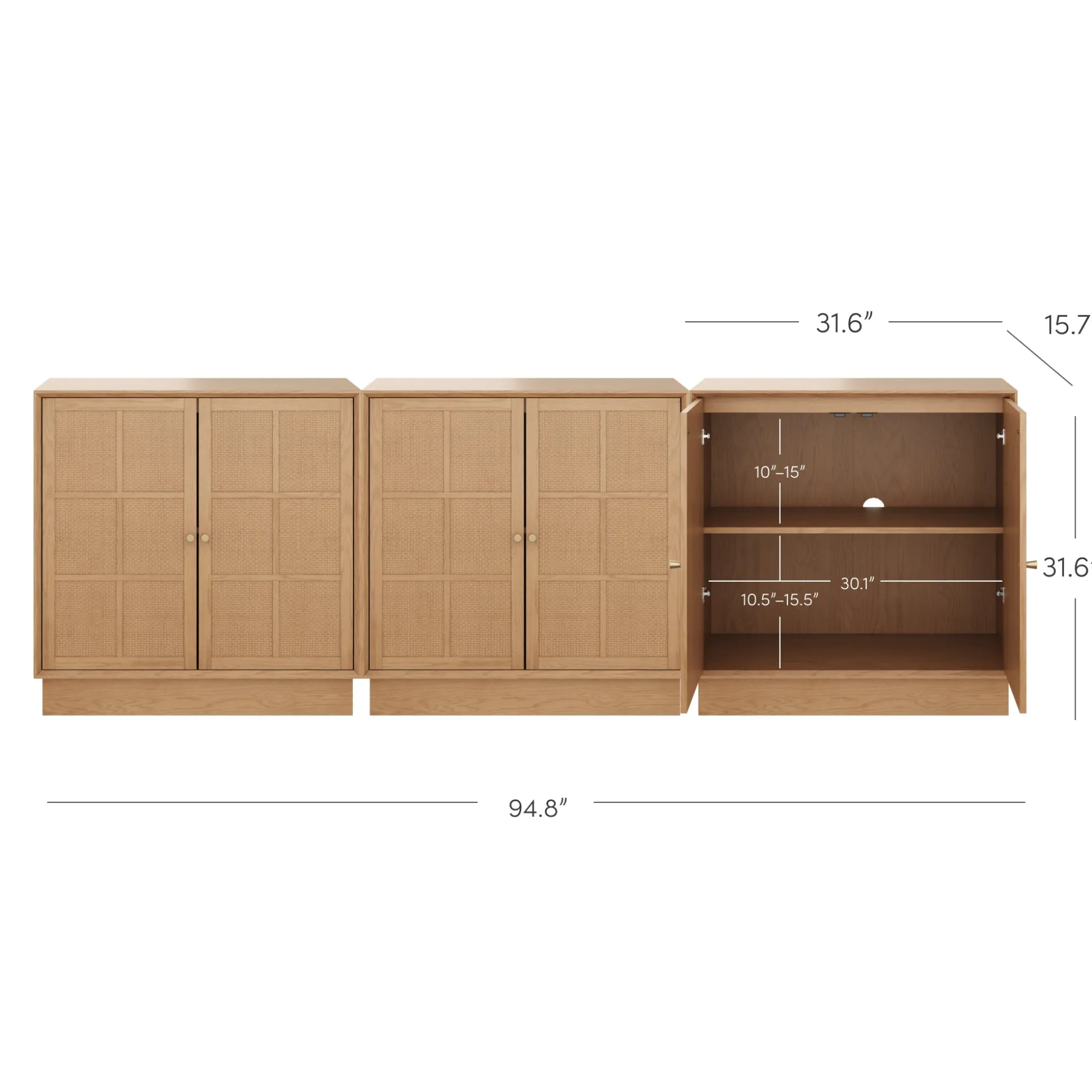 Modern Coastal Raw Oak TV Cabinet Stand for TVs up to 75" with Rattan Doors