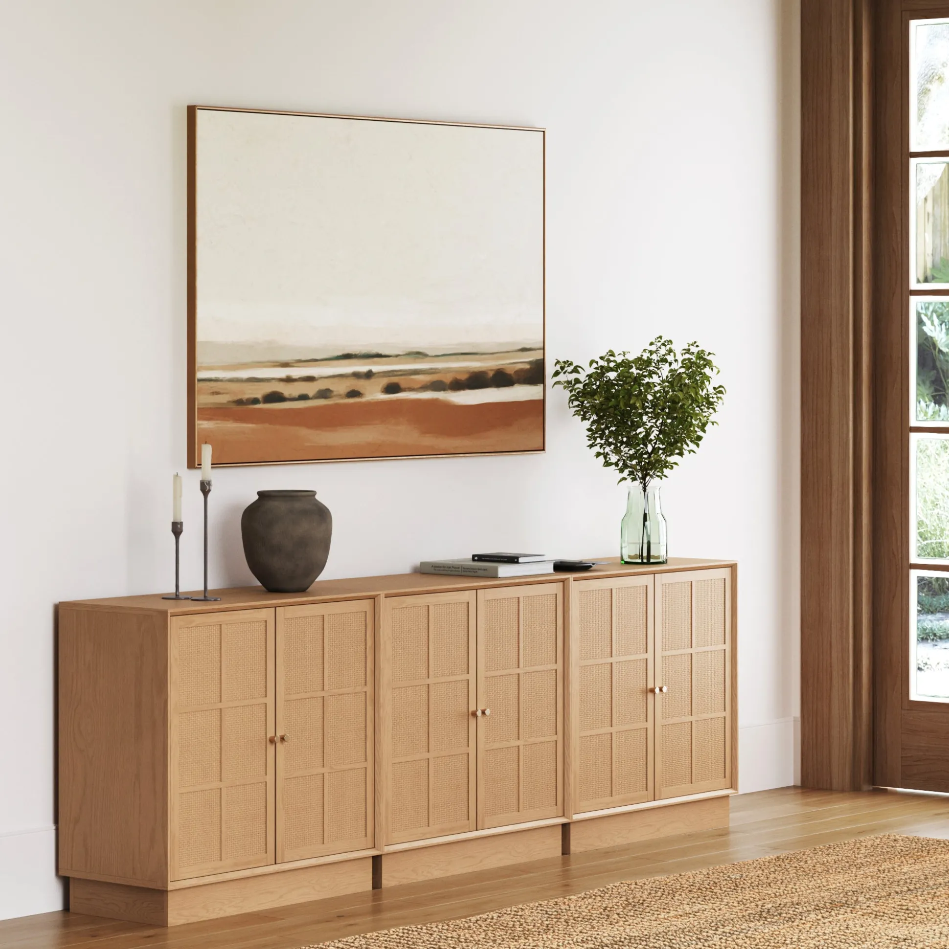 Modern Coastal Raw Oak TV Cabinet Stand for TVs up to 75" with Rattan Doors