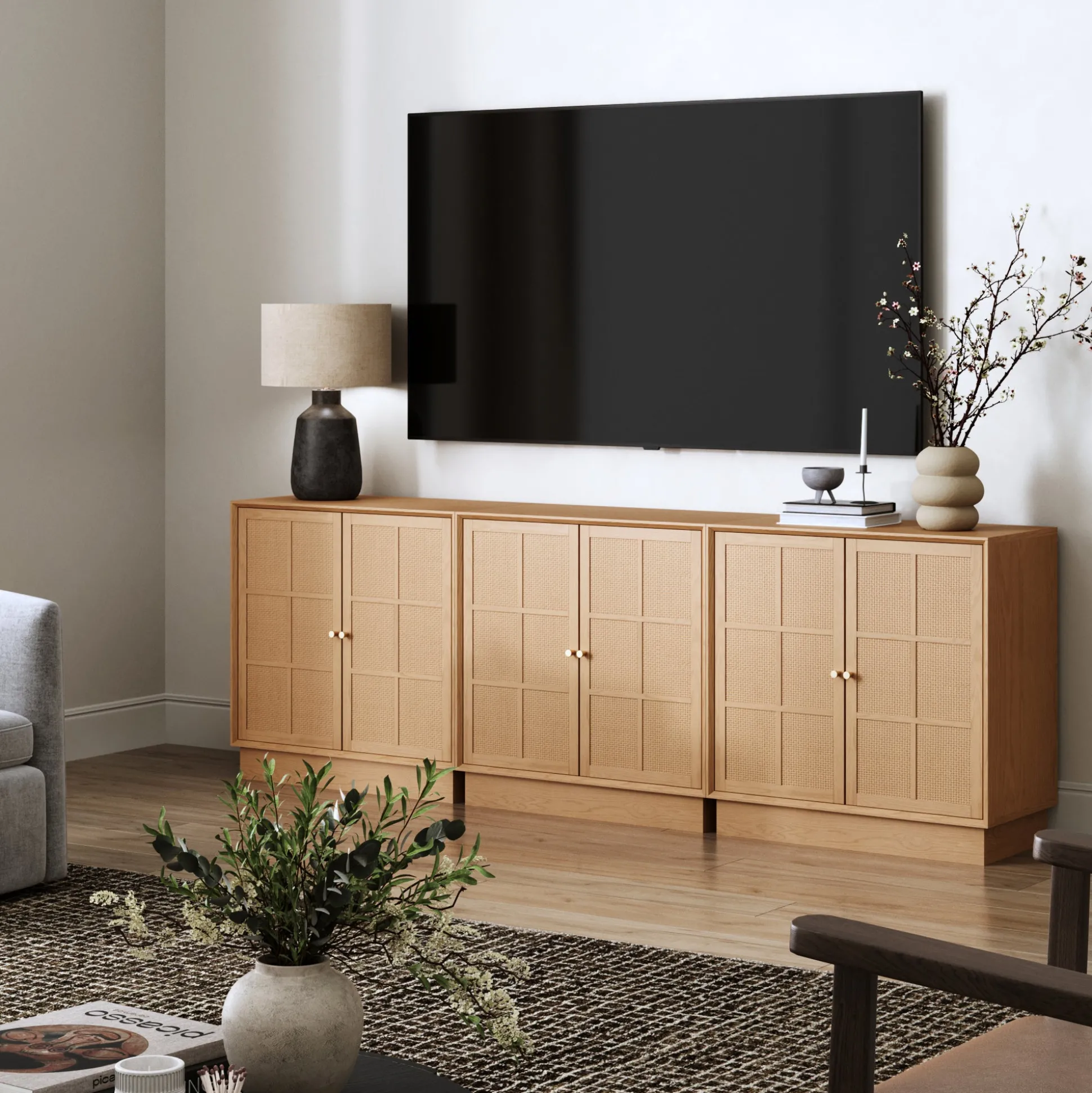 Modern Coastal Raw Oak TV Cabinet Stand for TVs up to 75" with Rattan Doors