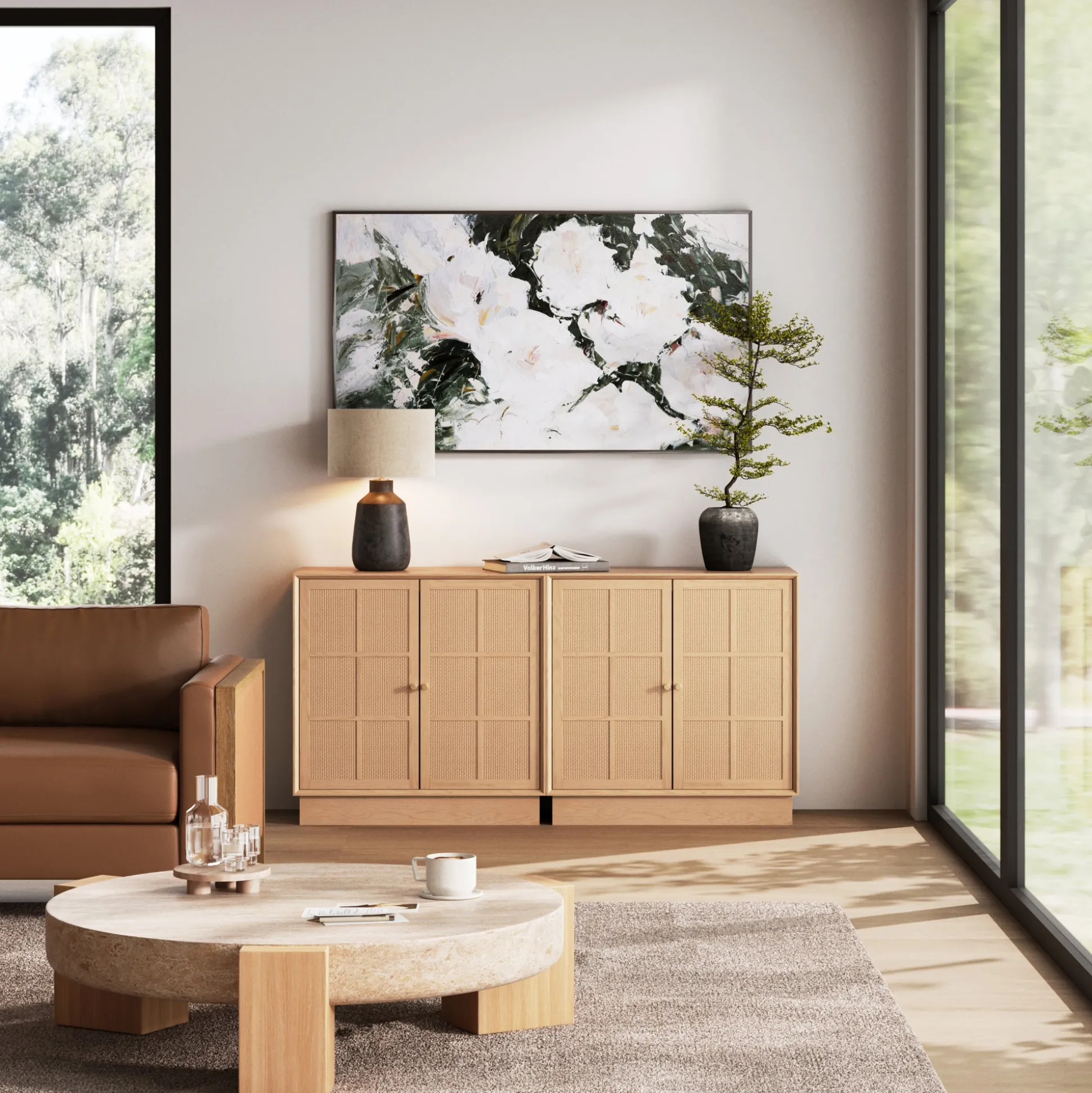 Modern Coastal Raw Oak TV Cabinet Stand for TVs up to 65" with Rattan Doors