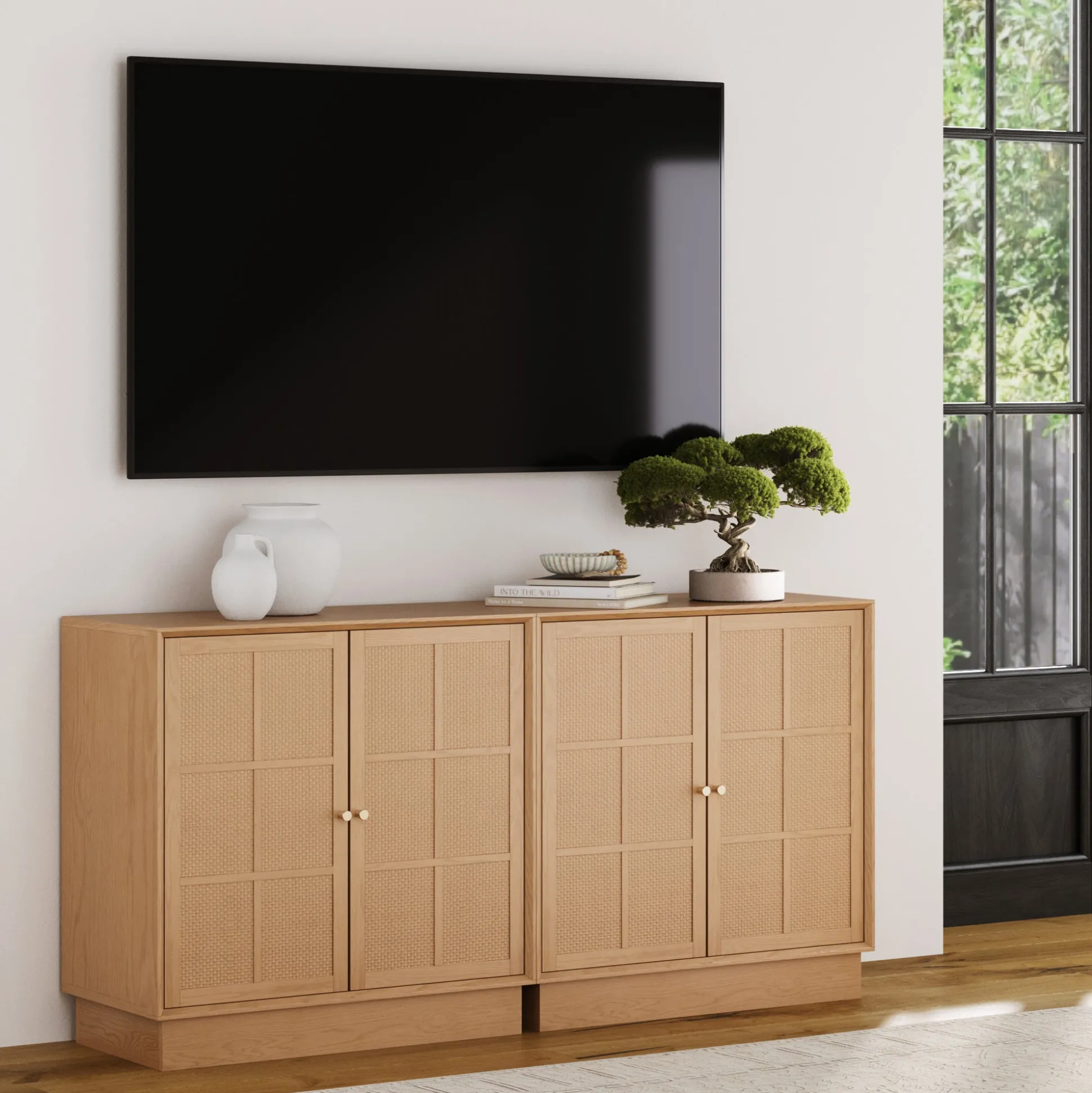 Modern Coastal Raw Oak TV Cabinet Stand for TVs up to 65" with Rattan Doors