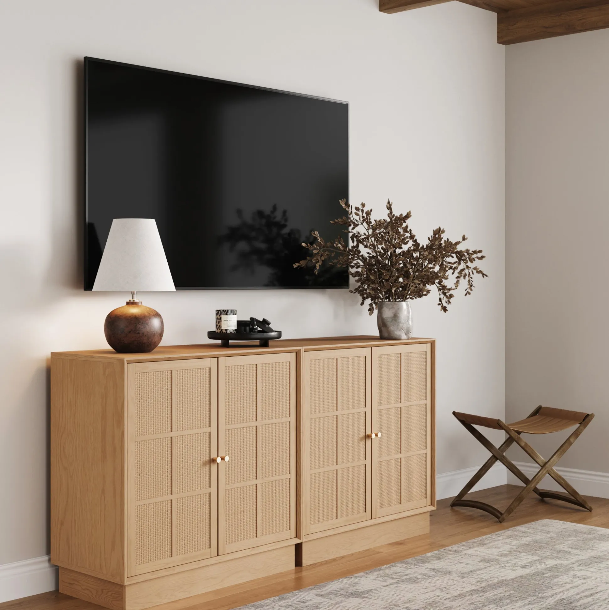 Modern Coastal Raw Oak TV Cabinet Stand for TVs up to 65" with Rattan Doors