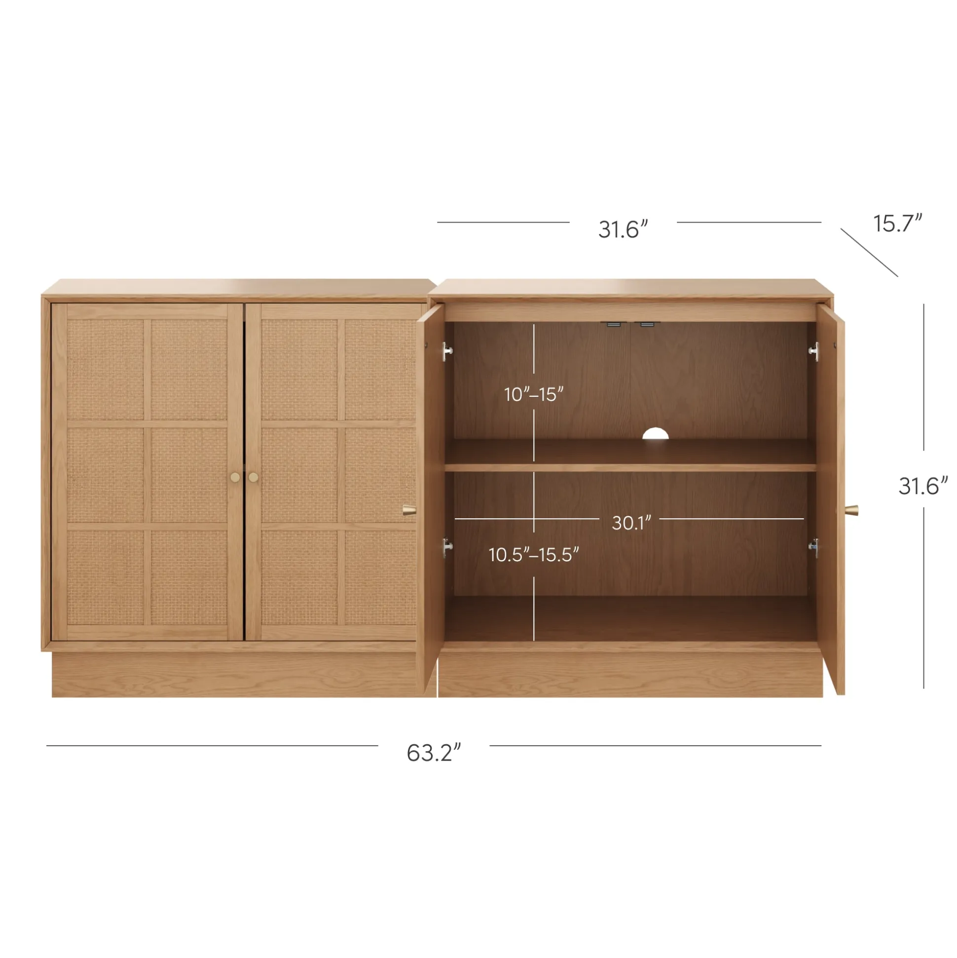 Modern Coastal Raw Oak TV Cabinet Stand for TVs up to 65" with Rattan Doors