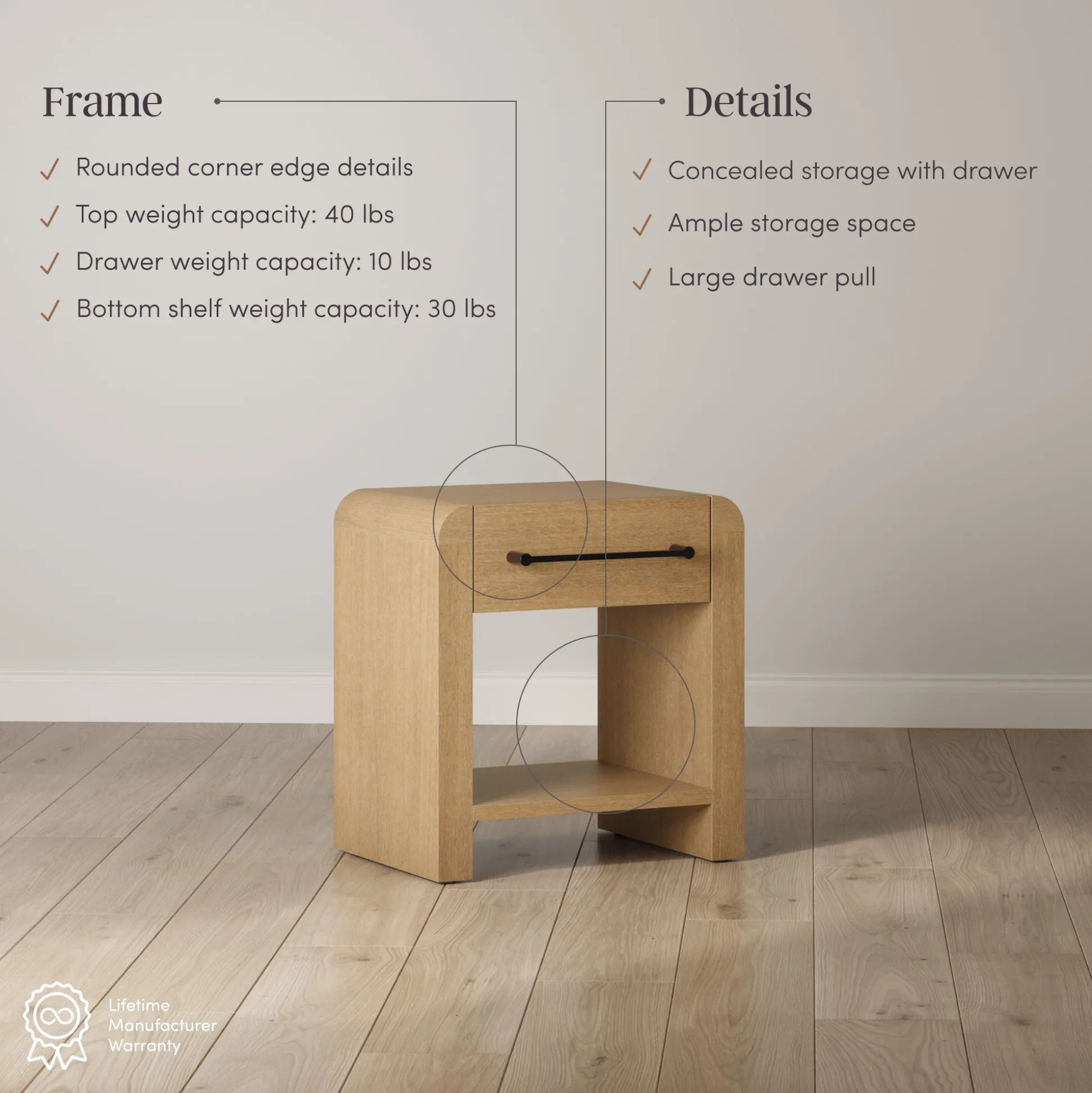 Modern 1-Drawer Nightstand with Metal Handle Light Brown (Set of 2)