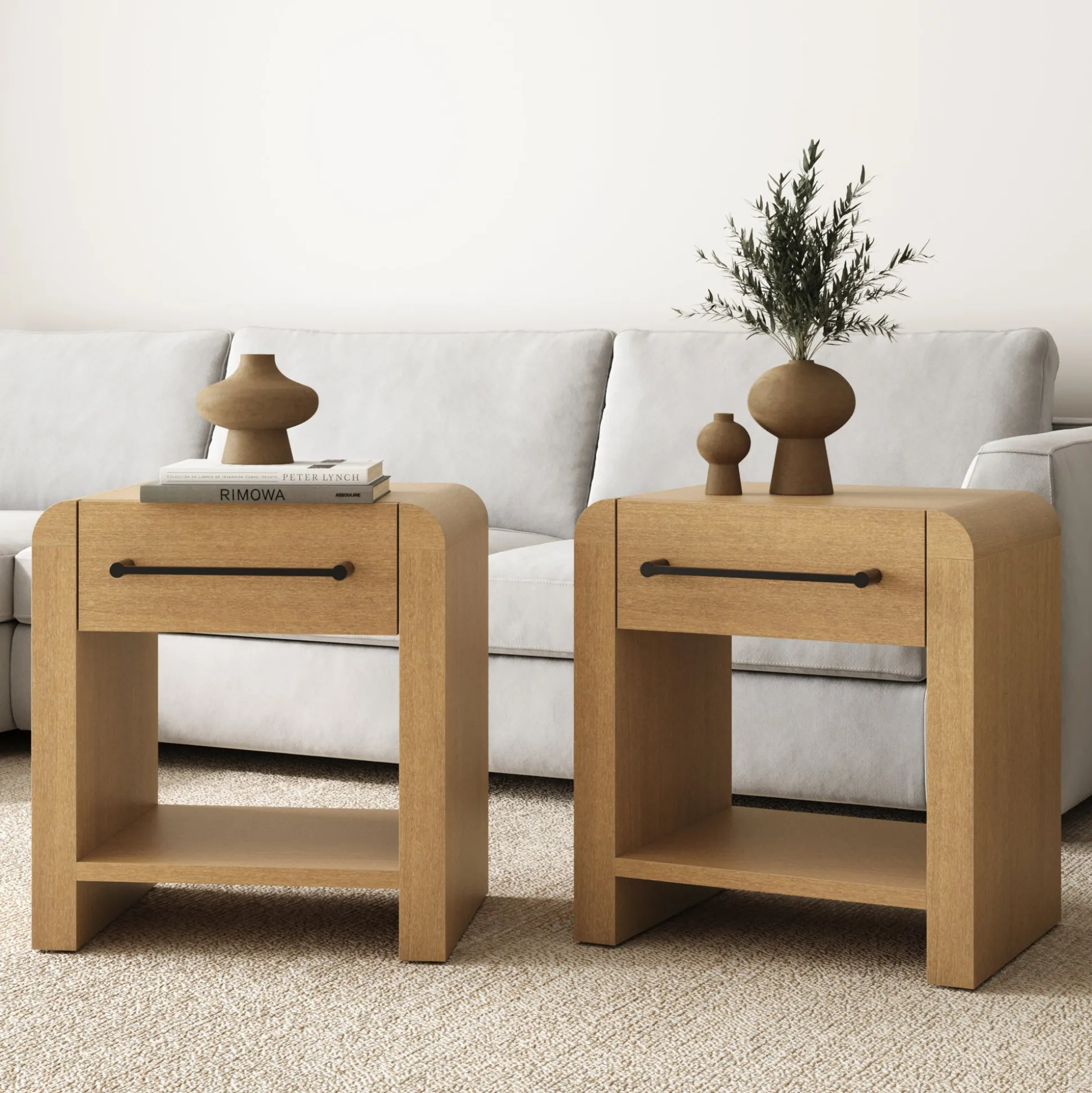 Modern 1-Drawer Nightstand with Metal Handle Light Brown (Set of 2)