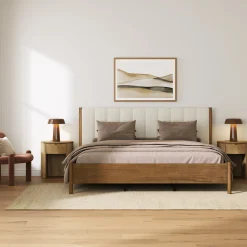 Modern King Bed Frame and 2 Curved Nightstands Set Light Brown