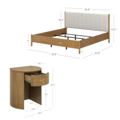 Modern King Bed Frame and 2 Curved Nightstands Set Light Brown