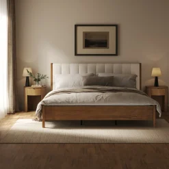 Modern King Bed Frame and 2 Curved Nightstands Set Light Brown