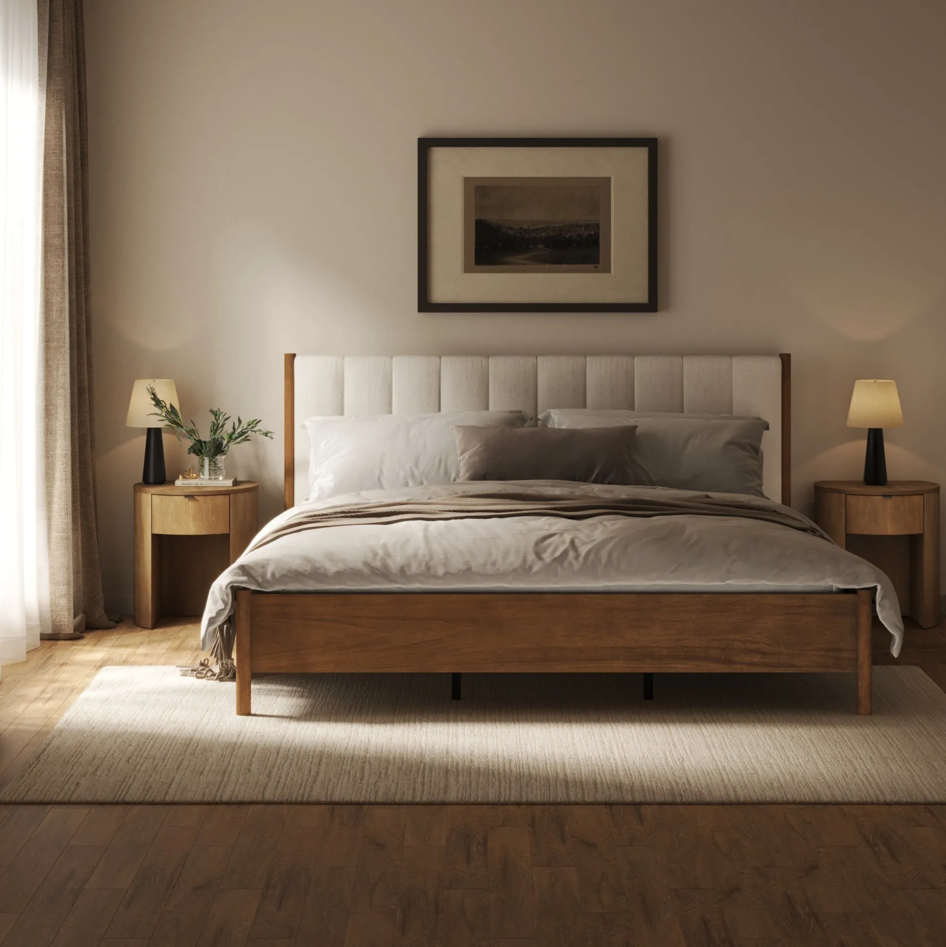 Modern King Bed Frame and 2 Curved Nightstands Set Light Brown
