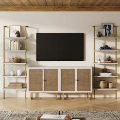 Modern Metal and Wood TV Entertainment Center with Bookcase (2 Cabinets)