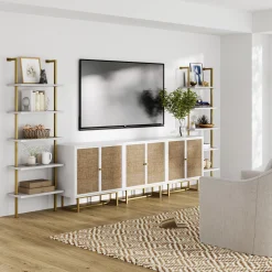 Modern Metal and Wood TV Entertainment Center with Bookcase (3 Cabinets)