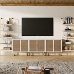 Modern Metal and Wood TV Entertainment Center with Bookcase (3 Cabinets)