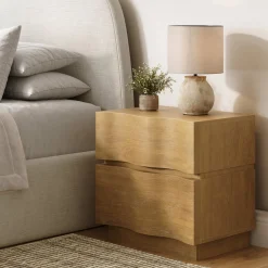 Modern Organic 2-Drawer Wood Nightstand with Wavy Drawer Fronts Light Brown
