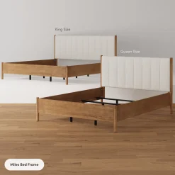 Modern Queen Bed Frame and 2 Curved Nightstands Set Light Brown